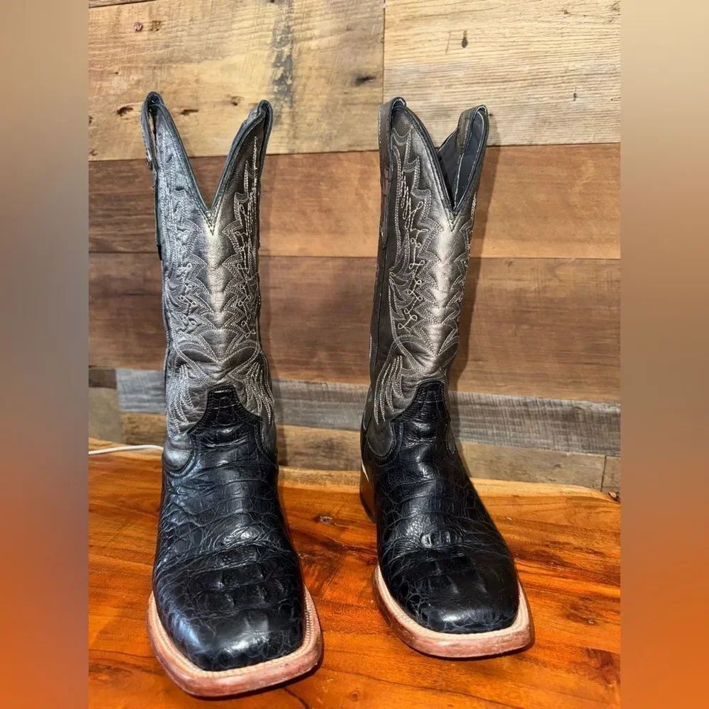 Tanner Mark Ladies  Black Caiman Print & Metallic Silver Western Boots sz 9.5
